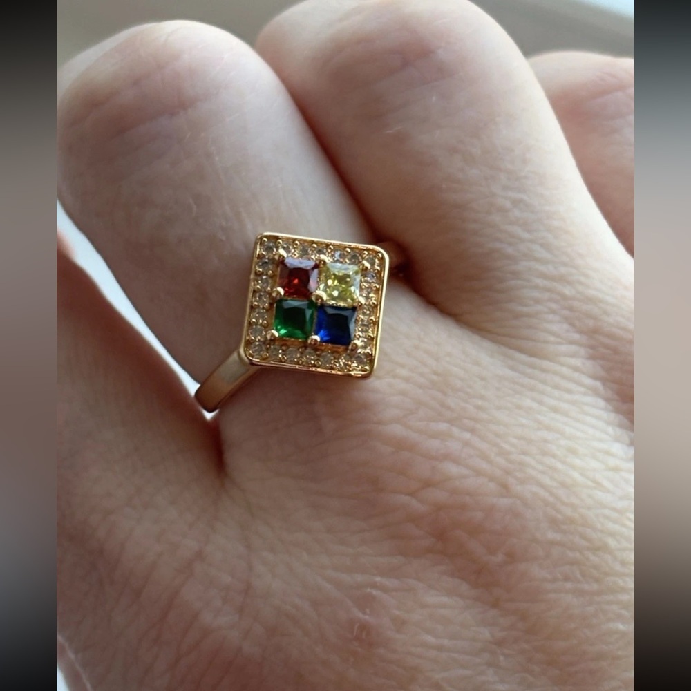 Rose Gold Plated Multicolor CZ Ring Size 8 Square Halo Twister Statement Ring